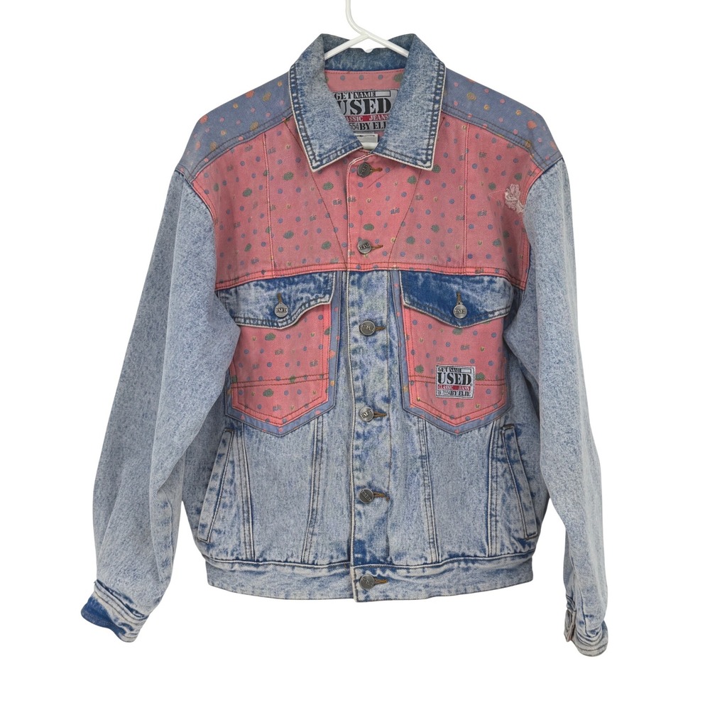 Get Used by Elie Acid Wash‎ Denim Jacket Pink Polka Dot 90s Medium Vintage